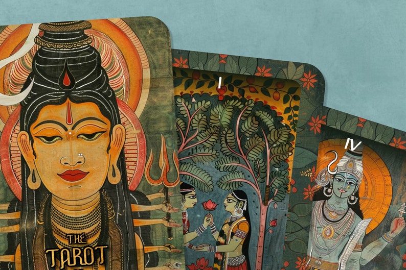 May include: Four tarot cards with colorful illustrations of Hindu deities. The cards are from The Tarot deck and feature the text "The Tarot" on the first card.
