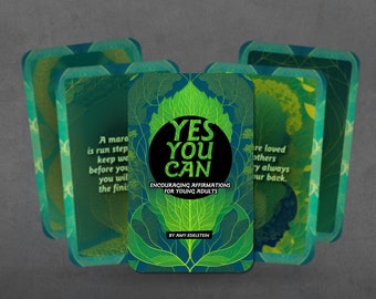 以下が含まれることがあります： 緑の葉のデザインと黒い円の中に「YES YOU CAN」というテキストが書かれたアファメーションカードのデッキ。下のテキストには「Encouraging Affirmations for Young Adults」と「Amy Edelstein」と書いてあります。