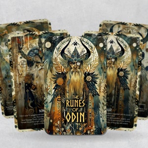May include: A set of tarot cards with a blue, gold, and brown color scheme. The cards feature a bearded man with a single eye, wearing a horned helmet and a cloak. The text on the card reads "The Runes of Odin".