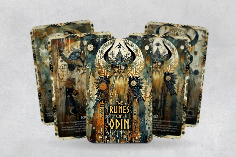 May include: A set of tarot cards with a blue, gold, and brown color scheme. The cards feature a bearded man with a single eye, wearing a horned helmet and a cloak. The text on the card reads "The Runes of Odin".