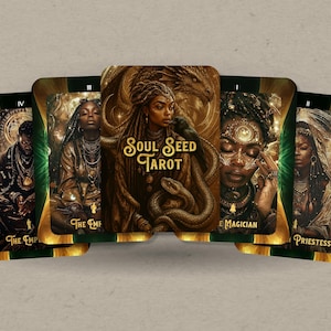 May include: A Soul Seed Tarot deck featuring five cards with detailed illustrations. The cards have a gold and green border. The center card displays the text "Soul Seed Tarot". The images depict figures with intricate designs and symbols.