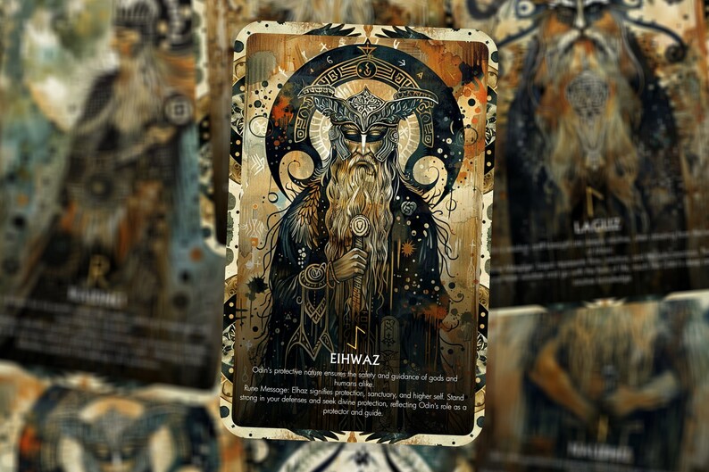 May include: A tarot card with a dark background and gold accents. The card features a drawing of a man with a long white beard and a horned helmet. The card is titled "EIHWAZ" and includes text about Odin's protective nature.