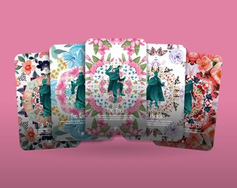 May include: A set of six tarot cards with floral designs and a silhouette of a person on each card. The cards are arranged in a fan shape with the top card showing "The Fool" and the bottom card showing "The Priestess".