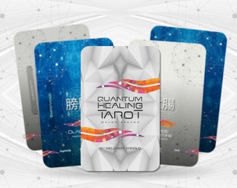 May include: Four tarot cards with a white, gray, and blue background. The card in the center has the text "Quantum Healing Tarot Major Arcana by Melchor Arnold".