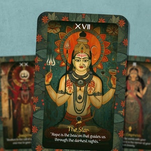 May include: A tarot card with a green background and a gold frame. The card depicts a Hindu deity with four arms, holding a trident and a bowl. The card is numbered XVII and titled "The Star". The text below the image reads "Hope is the beacon that guides us through the darkest nights."