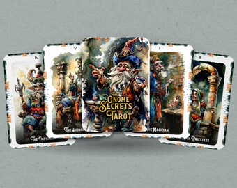 Może przedstawiać: Pięć kart tarota z talii The Gnome Secrets Tarot. Karty to Cesarz, Hierofanta, Mag, Najwyższa Kapłanka i Głupiec. Każda karta przedstawia ilustrację gnoma z akwarelowymi detalami.