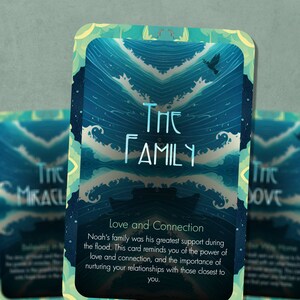 May include: A blue and green card with the text "The Family" and a blue and white wave pattern. The card also includes the text "Love and Connection" and a description of the importance of family.