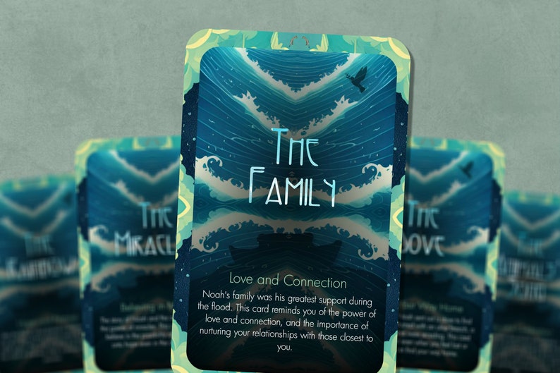 May include: A blue and green card with the text "The Family" and a blue and white wave pattern. The card also includes the text "Love and Connection" and a description of the importance of family.