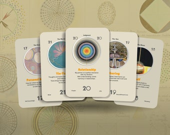 May include: Five colorful tarot cards with circular designs and text. The cards are numbered 17, 18, 19, 20, and 21. The text on the cards includes "The Star", "The Moon", "The Sun", "Judgment", and "The World".