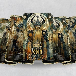 May include: A set of tarot cards featuring illustrations of a bearded man with a horned helmet, each card has a different rune symbol and a description of its meaning. The cards are titled "The Runes of Odin".