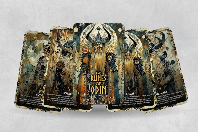 May include: A set of tarot cards featuring illustrations of a bearded man with a horned helmet, each card has a different rune symbol and a description of its meaning. The cards are titled "The Runes of Odin".