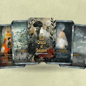 May include: A set of tarot cards with colorful illustrations and gold lettering. The cards feature images of a king, a woman, a tree, and a heart. The title of the deck is "The Oracle of Solomon: King known for his wisdom".