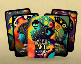 May include: A colorful tarot deck with a space theme. The card shown features a person wearing a helmet with a colorful background of planets and stars. The text on the card reads "It must be the best seller Tarot in Space Major Arcana."