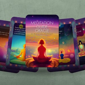 May include: A set of colorful cards with a purple, pink, and orange gradient background. The cards feature illustrations of people meditating in various poses. The text on the front card reads "Meditation Guide Oracle 22 Meditation Techniques".