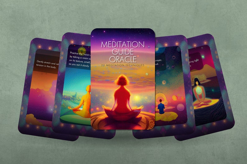 May include: A set of colorful cards with a purple, pink, and orange gradient background. The cards feature illustrations of people meditating in various poses. The text on the front card reads "Meditation Guide Oracle 22 Meditation Techniques".