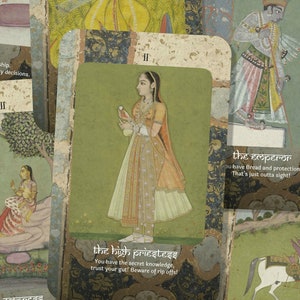 May include: A set of tarot cards with colorful illustrations and text. The cards feature images of people, animals, and symbols. The text on the cards includes the names of the cards and their meanings. The cards are designed in a vintage style.