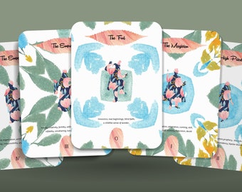 May include: Five tarot cards with watercolor illustrations of people and floral patterns. The cards are titled "The Empress", "The Fool", "The Magician", and "High Priestess". Each card has a description of the card's meaning.