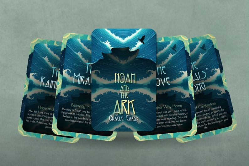 May include: A set of oracle cards with a blue and green watercolor background. The cards feature a variety of images and text, including "The Rainbow", "The Miracle", "Noah and the Ark", "The Dove", and "The Animals' Song".