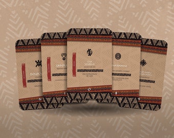 May include: Five rectangular cards with African Adinkra symbols and text. Each card features a tan background with a black and brown patterned border. The cards display various symbols and phrases like "GYE NYAME" and "THE SUPREMACY OF GOD".