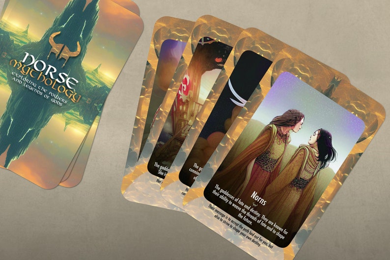 May include: A set of cards with illustrations and text about Norse mythology. The cards are gold with a white border and feature images of the Norns, the goddesses of fate and destiny.