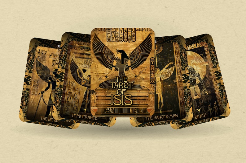 May include: Five tarot cards with gold and black designs. The cards are from The Tarot of Isis deck. The cards are The Devil, Temperance, The Hanged Man, Death, and The World.