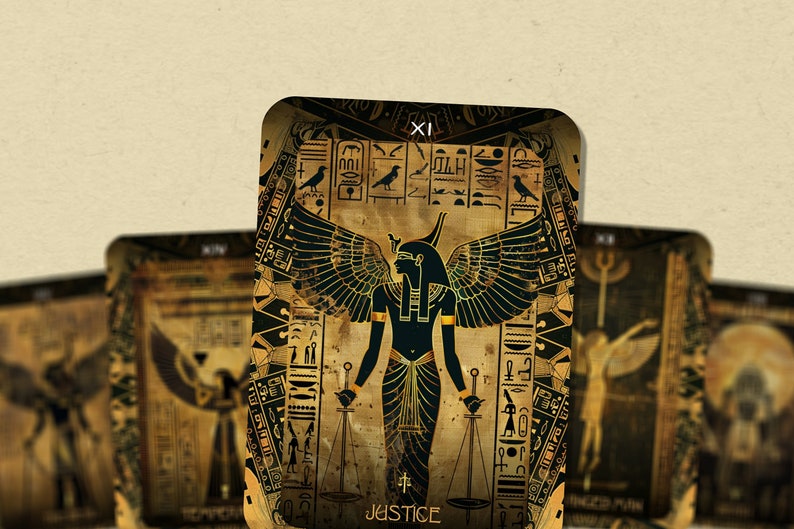 May include: A tarot card with a gold and black design. The card depicts a winged figure holding scales and a sword. The card is labelled "Justice" and the number "XI".