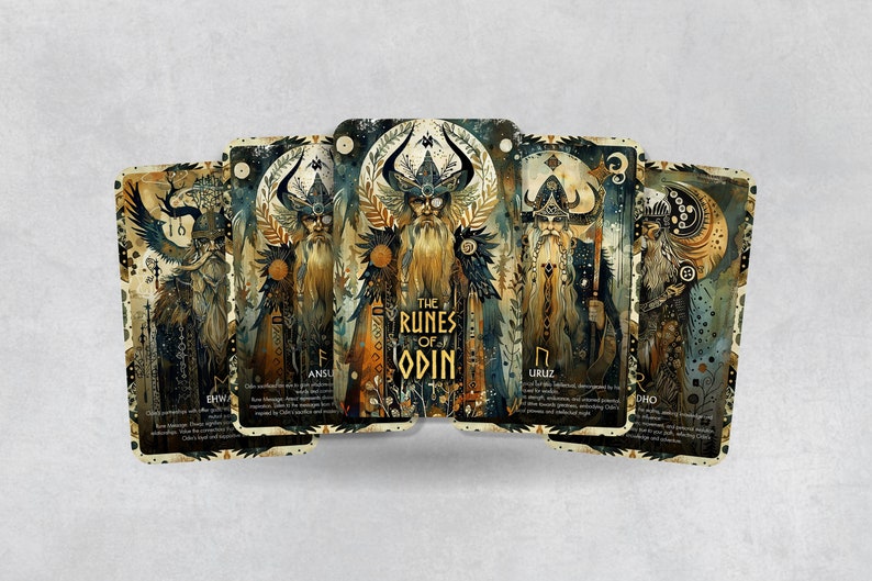 May include: A set of six cards featuring illustrations of Norse gods and runes. Each card has a different god and rune, with a description of the rune's meaning. The cards are titled "The Runes of Odin".
