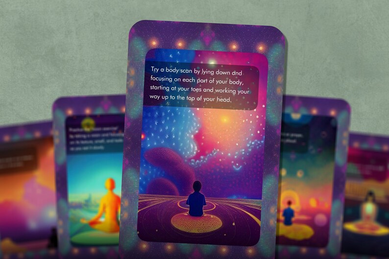 May include: A purple card with a colorful galaxy background and a person sitting in the foreground. The card has text that reads "Try a body scan by lying down and focusing on each part of your body, starting at your toes and working your way up to the top of your head."