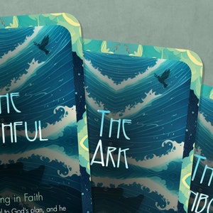 May include: Three cards with blue and green water wave designs. The text on the cards reads "The Faithful", "The Ark", and "The Dove".
