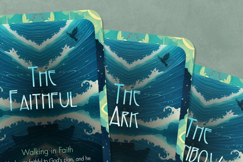 May include: Three cards with blue and green water wave designs. The text on the cards reads "The Faithful", "The Ark", and "The Dove".