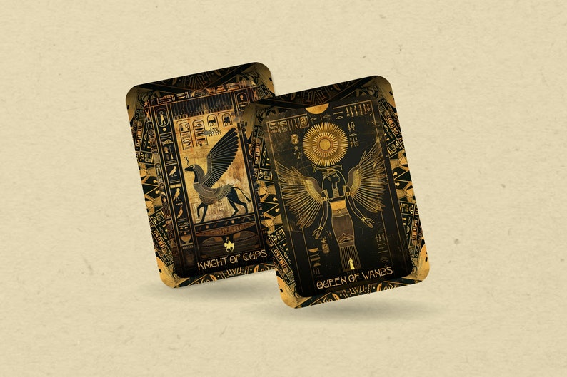 May include: Two tarot cards with gold and black designs. The card on the left is the Knight of Cups and the card on the right is the Queen of Wands.