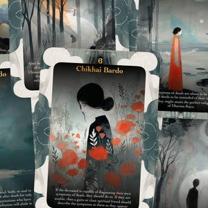 Op de afbeelding: Een set van 11 kaarten met illustraties en tekst over het Chikhai Bardo, een fase in het Tibetaanse Dodenboek. De kaarten tonen een verscheidenheid aan kleuren, waaronder zwart, wit, rood en blauw. De tekst op de kaarten is in het Engels.