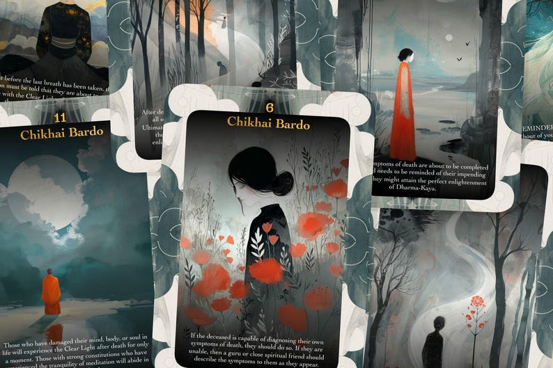 Op de afbeelding: Een set van 11 kaarten met illustraties en tekst over het Chikhai Bardo, een fase in het Tibetaanse Dodenboek. De kaarten tonen een verscheidenheid aan kleuren, waaronder zwart, wit, rood en blauw. De tekst op de kaarten is in het Engels.