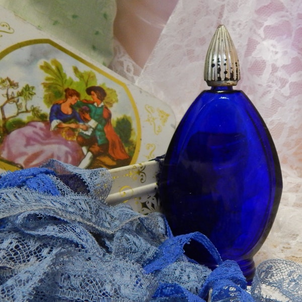 Cobalt Blue Glass ''Evening in Paris'' Perfume Cologne Bottle with Silver plastic top Vanity Tray Display