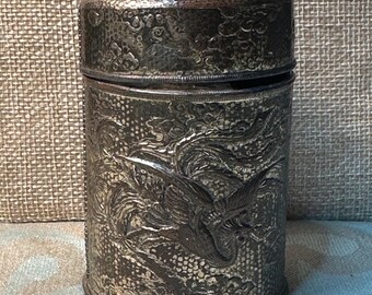 Tea Caddy Made in Japan container with lid, Cranes on exterior and mixed metal container.