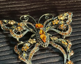 Vintage Samo 846 Butterfly brooch pin - 3.5 X 3.5 in Gold, cream rhinestone on black frame