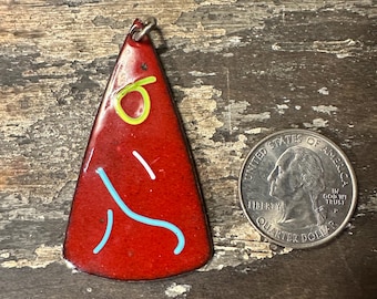 Vintage long triangular Modernist Abstract Artisan Enamel on Copper Pendant 2 1/4 x 1 1/4 in