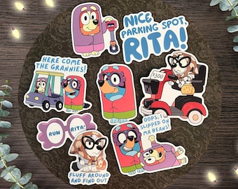 Juego de 8 pegatinas de Bluey Grannies / Calcomanías de vinilo de Janet y Rita / Fiesta de Bluey / Corre Rita, me resbalé con mis frijoles