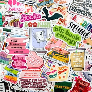 May include: A collection of colorful stickers featuring book-themed designs. The stickers include phrases like "Book Lovers", "Big Book Energy", "Reader of Happily Ever Afters", and "Escape Read Books".
