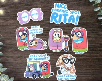 Bluey Grannies Sticker Set of 7 | Janet & Rita Vinyl Decals | Bluey Party | Run Rita, I slipped on my beans