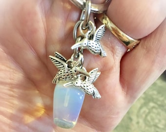 BESTSELLER!! SALE!! **Opalite Gem Crystal, Three Pretty Hummingbirds Charms Keychain with Free Bag & Angel Message Card