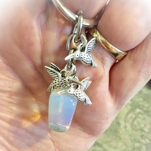 BESTSELLER SALE Opalite Gem Crystal, Three Pretty Hummingbirds Charms Keychain with Free Bag & Angel Message Card image 1