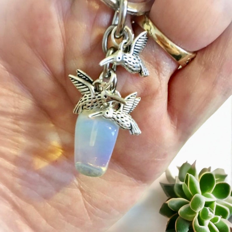 BESTSELLER SALE Opalite Gem Crystal, Three Pretty Hummingbirds Charms Keychain with Free Bag & Angel Message Card image 3