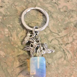 BESTSELLER SALE Opalite Gem Crystal, Three Pretty Hummingbirds Charms Keychain with Free Bag & Angel Message Card image 4