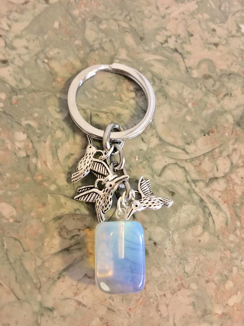 BESTSELLER SALE Opalite Gem Crystal, Three Pretty Hummingbirds Charms Keychain with Free Bag & Angel Message Card image 4