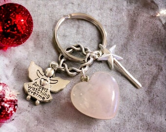 Rose Quartz Pretty Heart, Wand, Angels Watching Over Me Charm Keyring/ Keychain with FREE Bag & Angel Message Card. Love Crystal.