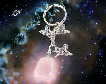 BESTSELLER!! Rose Quartz Crystal, Three Pretty Hummingbirds Charms Keychain with Free Bag & Angel Message Card.Healing Energy Infused.