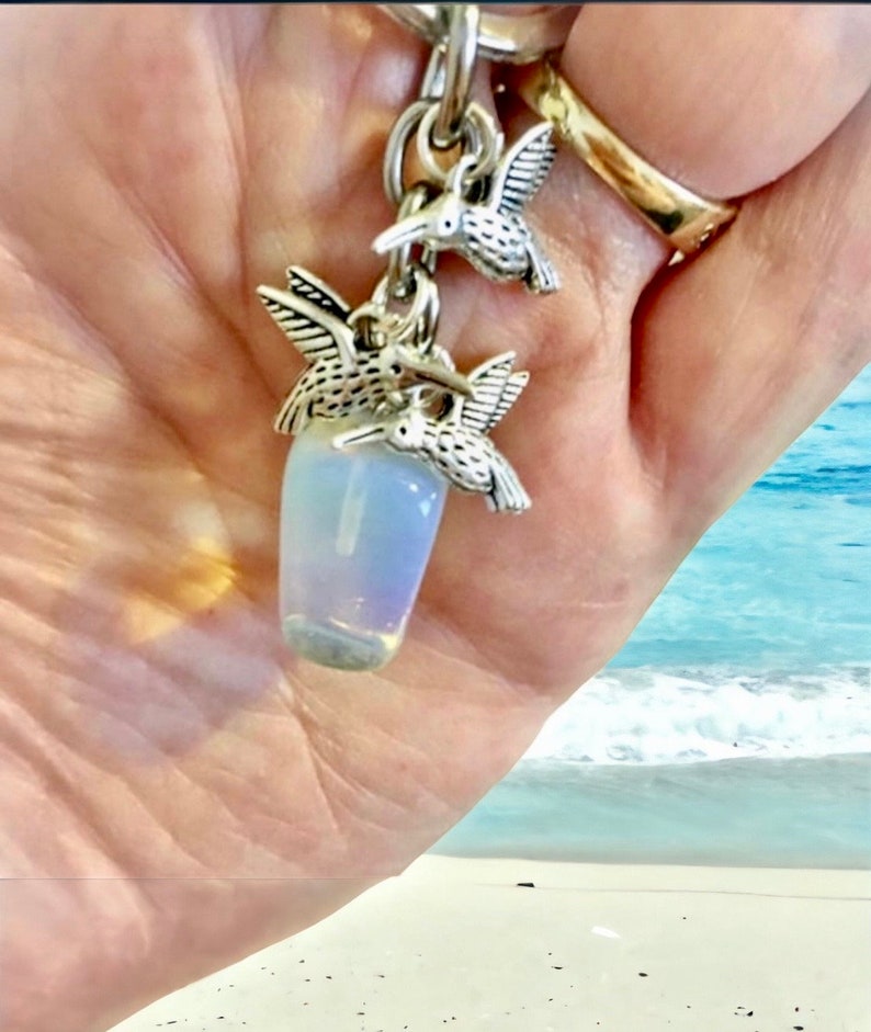 BESTSELLER SALE Opalite Gem Crystal, Three Pretty Hummingbirds Charms Keychain with Free Bag & Angel Message Card image 2