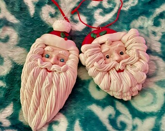 Vintage Old Fashioned Dough Santa Heads Ornament / 2 Traditional Santa