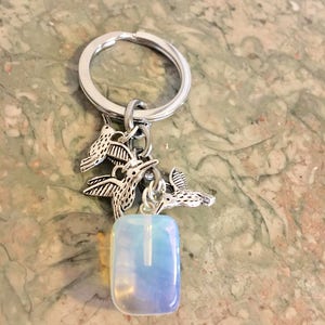 BESTSELLER SALE Opalite Gem Crystal, Three Pretty Hummingbirds Charms Keychain with Free Bag & Angel Message Card image 5